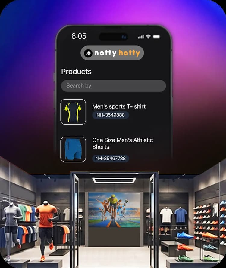All-in-one sports storefront interface with digital product cards for athletic gear, search functionality, and facility retail management tools.