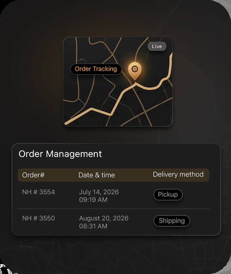 All-in-one order management platform with a live tracking map, fulfillment status indicators, and organized shipping and pickup logs.