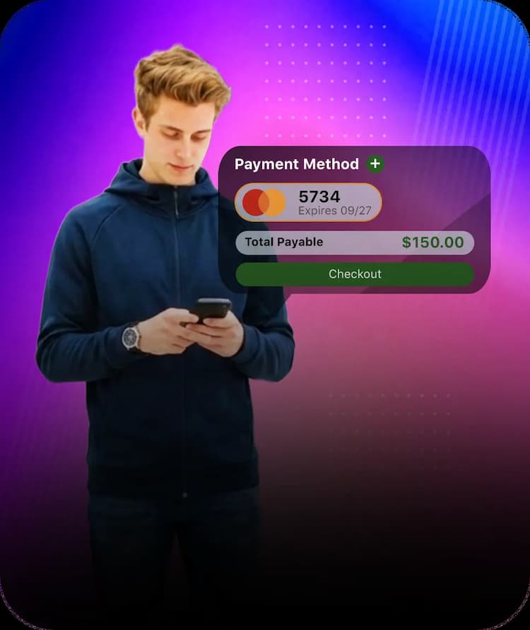 Direct payment link interface for sports programs featuring mobile checkout tools, payment method selection, and automated registration billing.