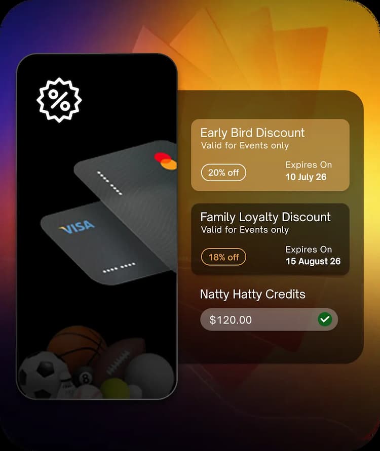 Discount and promotion management interface with automated price adjustments, youth membership billing statements, and refund tracking tools.