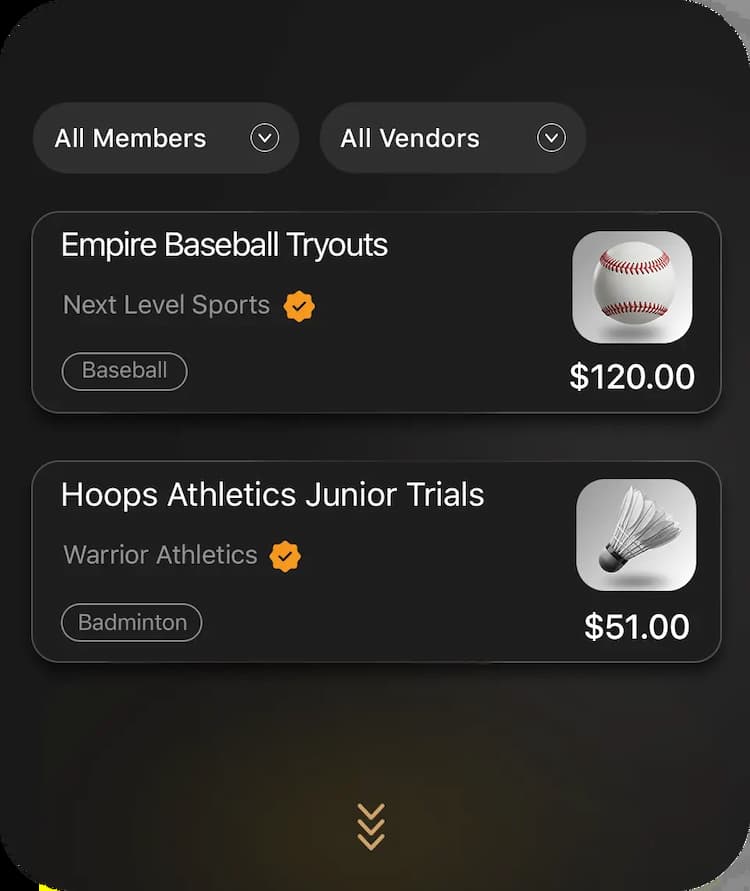 Sports tryout management software for clubs and organizations featuring organized registration listings, event pricing, and vendor filtering tools.