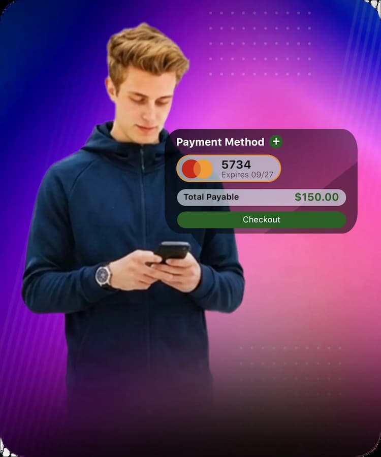 Direct payment link interface for sports programs featuring mobile checkout tools, payment method selection, and automated registration billing.