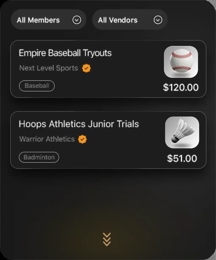 Sports tryout management software for clubs and organizations featuring organized registration listings, event pricing, and vendor filtering tools.