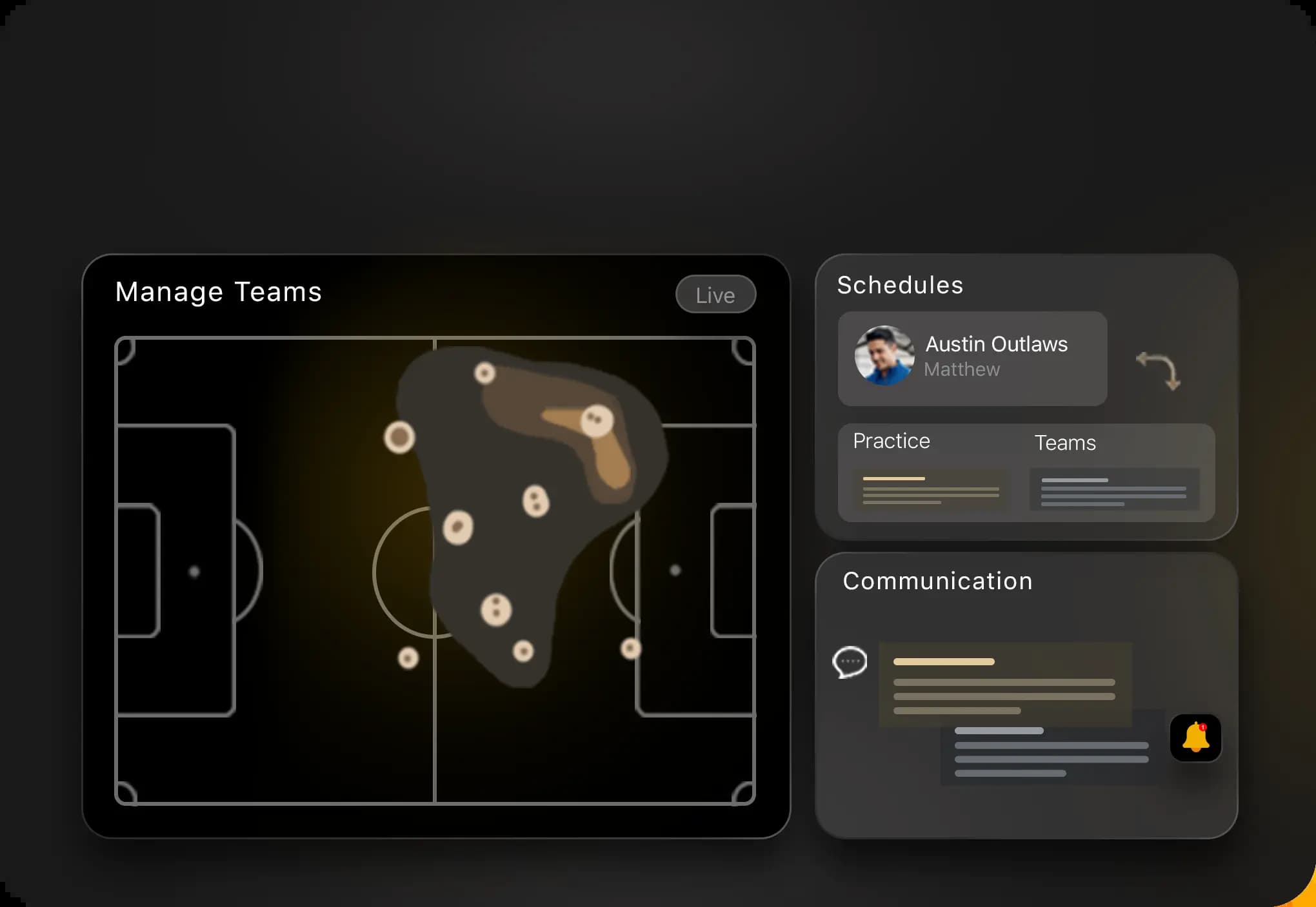 Sports management software for coaches and trainers featuring a live tactical heat map, team schedules, and integrated communication tools.