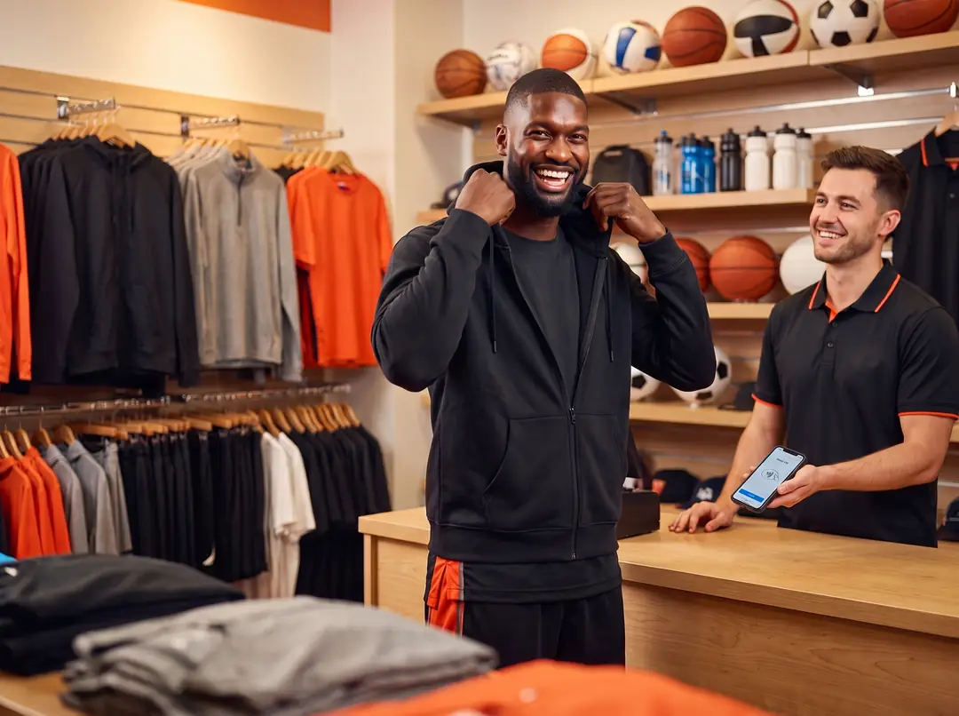 Basketball player trying on a team hoodie at a sports facility pro shop while staff take a tap-to-pay payment