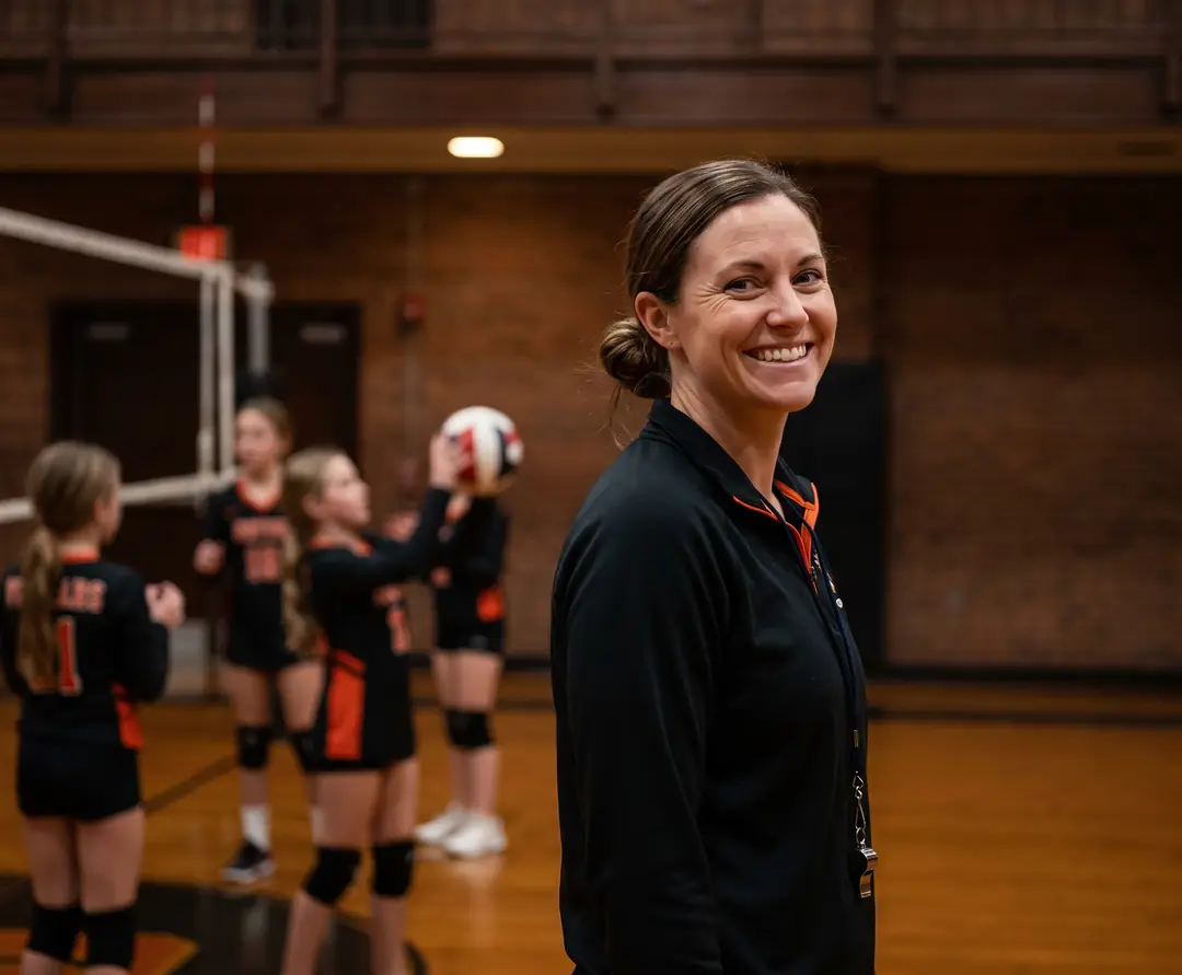 Youth volleyball coach courtside during practice