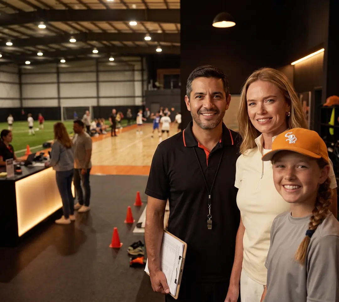 Youth soccer coach, a mother and her softball-player daughter together inside a busy multi-sport facility