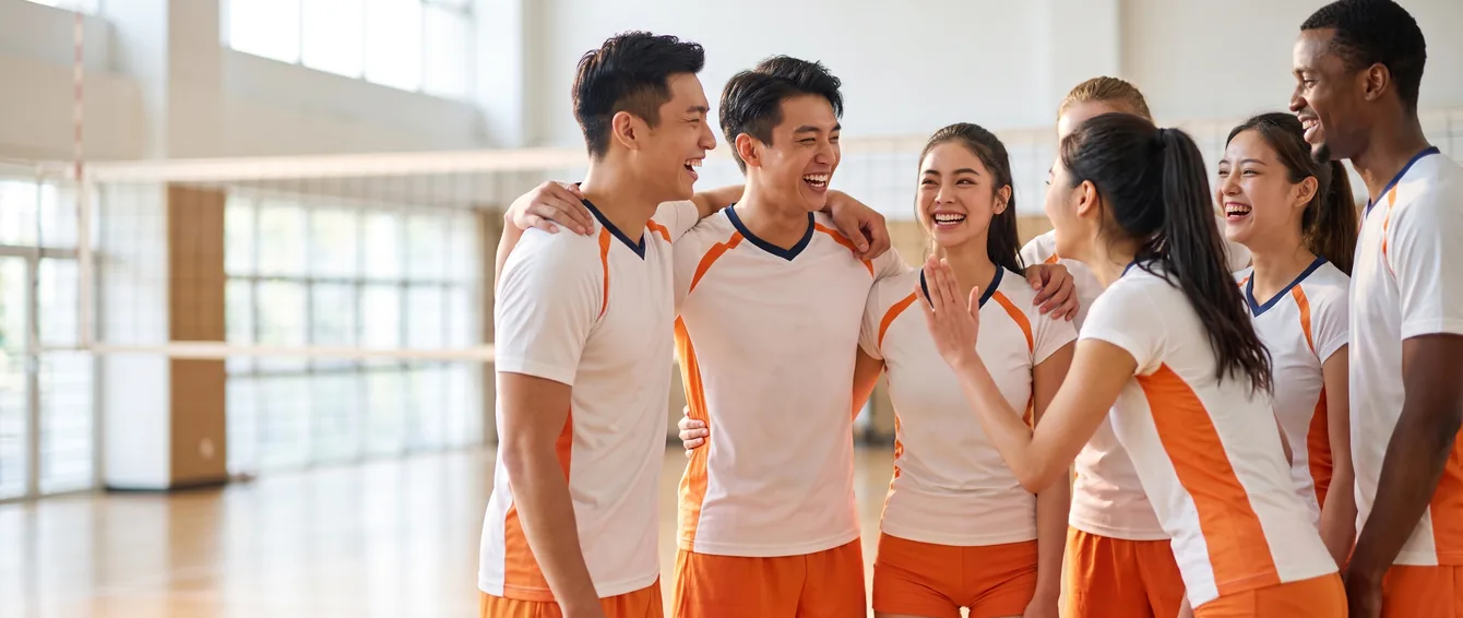 New free agent welcomed into an adult rec volleyball team's pre-game huddle