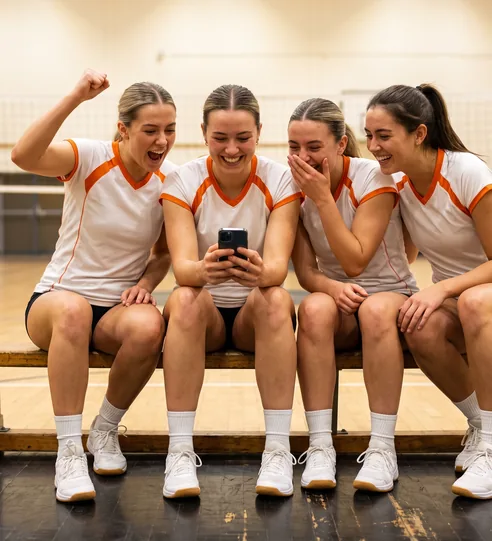 Volleyball teammates celebrating updated league standings on a phone