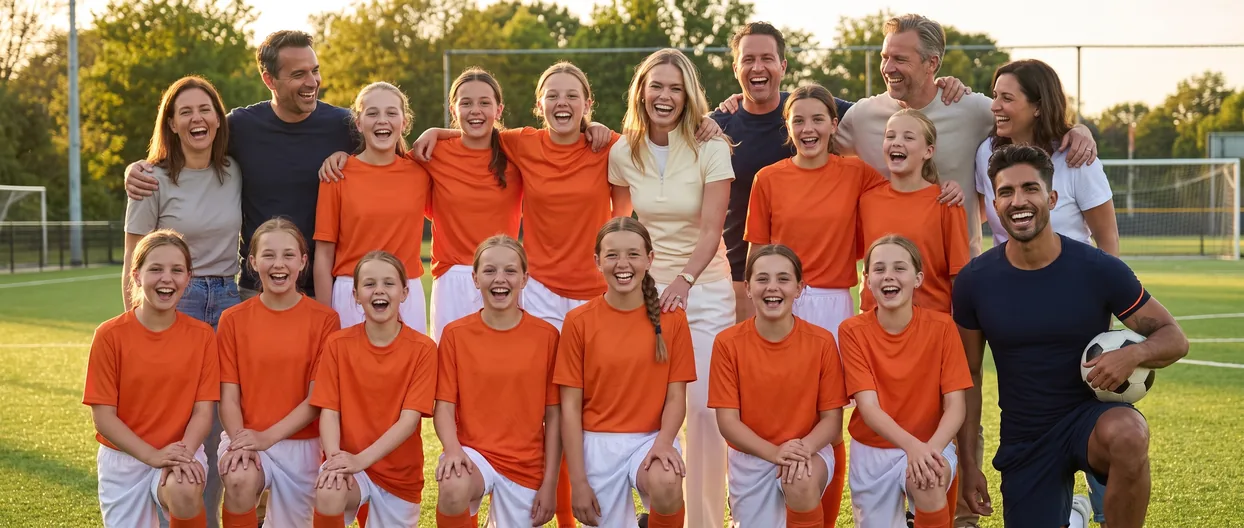 Youth girls soccer team and their families laughing together on team photo day
